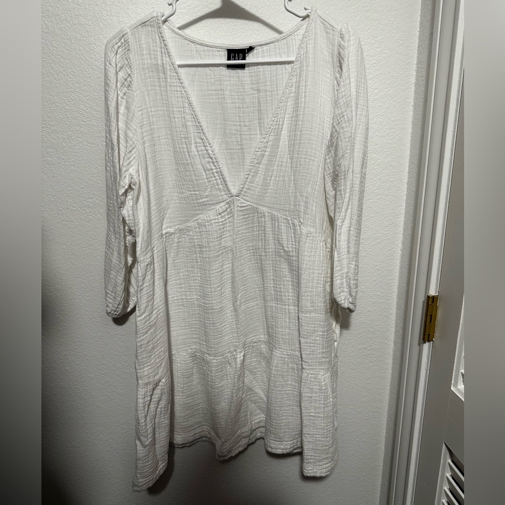 GAP Crinkle Gauze V Neck Dress with Pockets White M